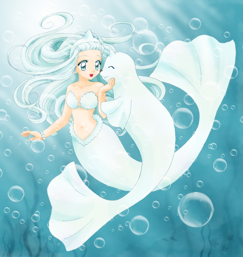 :d algae blue_background bracelet breasts bubble chikorita85 cleavage closed_eyes collarbone dewgong fangs friends full_body gen_1_pokemon hand_on_another's_face jewelry medium_breasts mermaid monster_girl navel open_mouth pokemon pokemon_(creature) smile underwater white