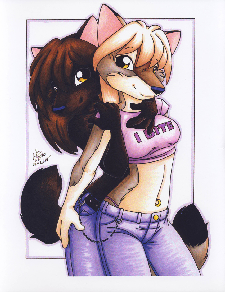 anthro canine duo embracing female fox lesbian looking_at_viewer mammal michele_light naval_piercing navel_piercing piercing