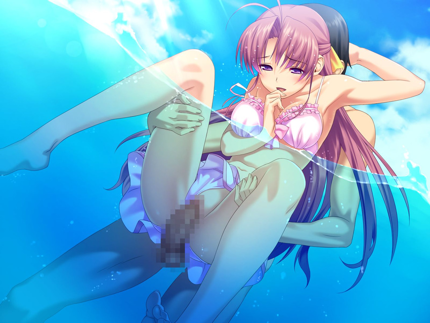 1boy 1girl aoi_matsuri barefoot bikini bikini_aside blush censored game_cg highres koutaro long_hair outdoors penis purple_eyes pussy sex sky submerged swimsuit tropical_kiss vaginal water