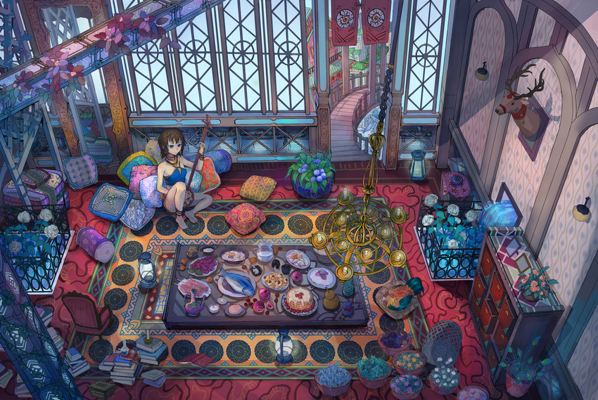 animal anklet armchair banner baozi bare_shoulders barefoot basket bird blanket blue_eyes book book_stack bowl bracelet breasts brown_hair cake candle candlestand carpet chain chair chandelier chest_of_drawers chicken clothed_animal cup cushion day decck dumpling fish flower food fountain from_above fruit full-length_mirror gourd halter_top halterneck highres holding holding_instrument indoors instrument jewelry jug knee_up lamp lantern long_hair looking_away meal medium_breasts mirror mouse music necklace noodles on_floor original pebble pillow pitcher plant plate playing_instrument pomegranate pot potted_plant railing rug scenery shamisen short_hair sitting skewer solo spill spoon stairs tablecloth taxidermy teapot trellis trophy_head vase vines wall wallpaper_(object) water white_flower wide_shot window windowsill