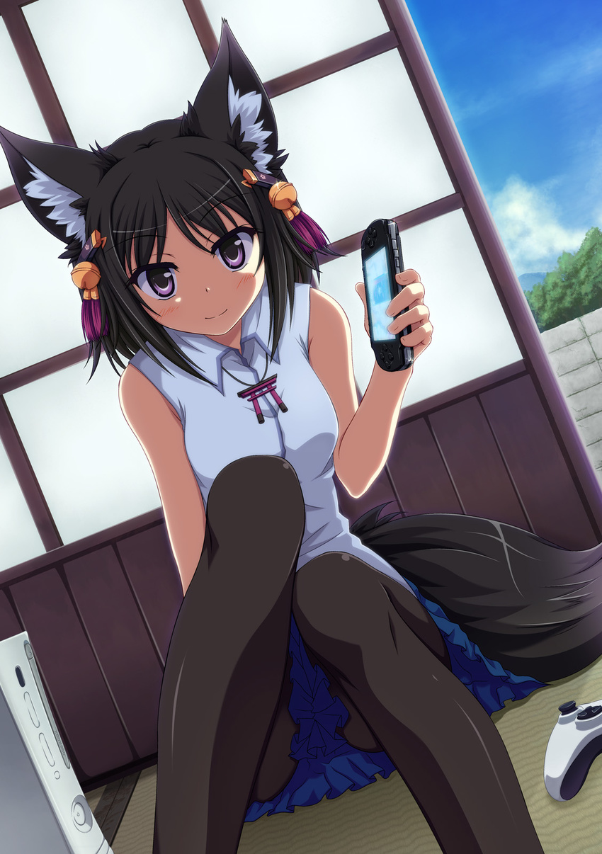 animal_ears bad_id bad_pixiv_id black_hair black_legwear blush controller dutch_angle fox_ears fox_tail game_console game_controller hair_bobbles hair_ornament handheld_game_console highres holding original pantyhose playstation_portable purple_eyes shira-nyoro skirt smile solo tail xbox_360