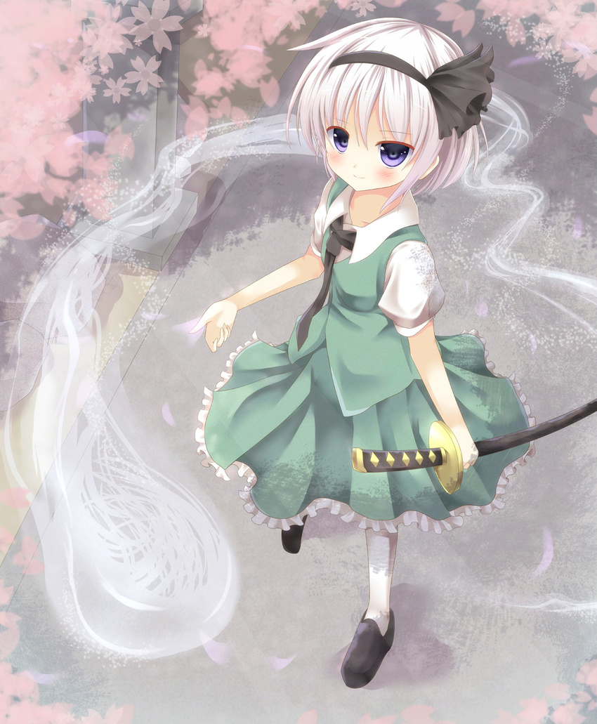 aibumi bad_id bad_pixiv_id black_hairband blue_eyes cherry_blossoms from_above hairband highres hitodama katana konpaku_youmu konpaku_youmu_(ghost) looking_at_viewer ribbon short_hair silver_hair skirt smile solo sword touhou weapon