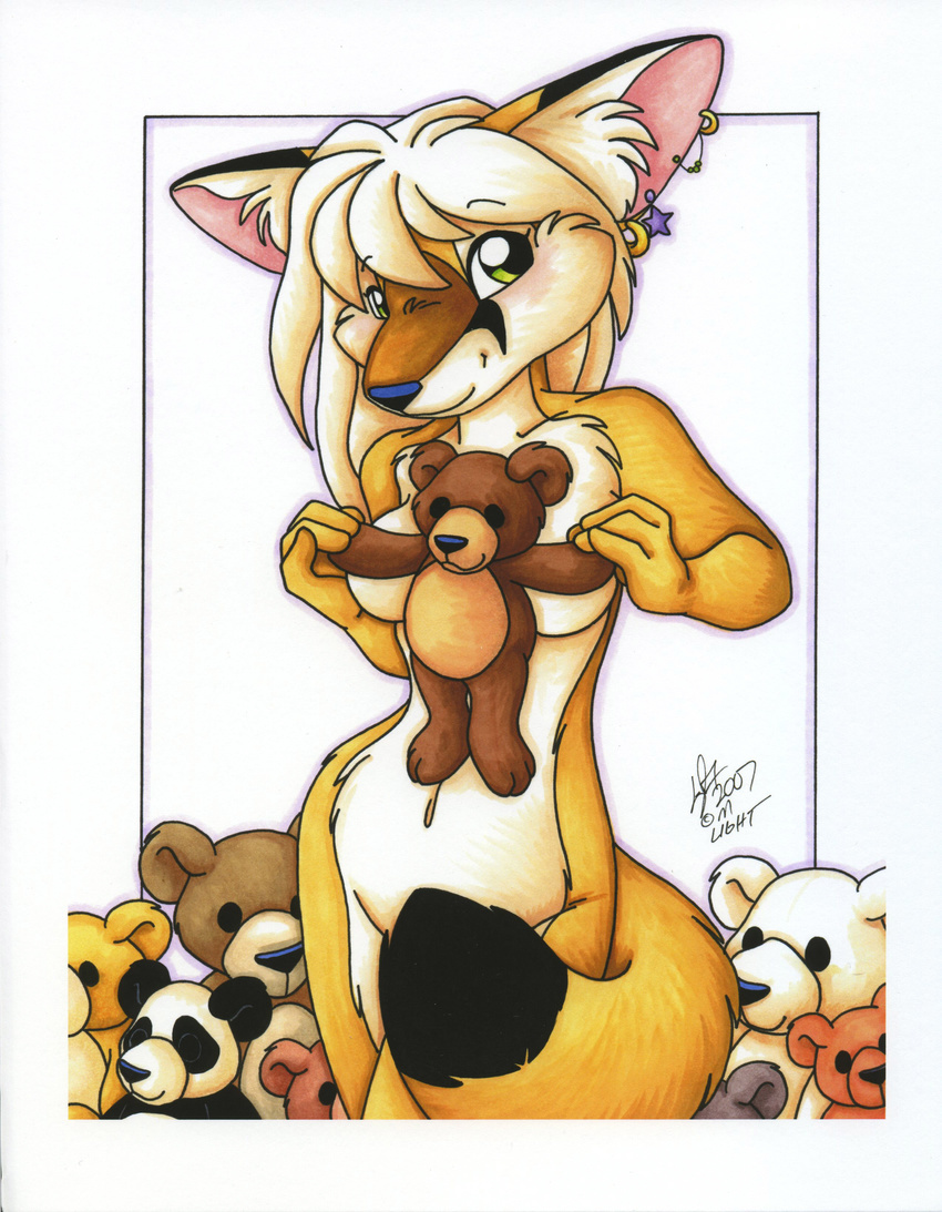 canine covering ear_piercing female fox looking_at_viewer mammal michele_light nude piercing plushie solo teddy_bear