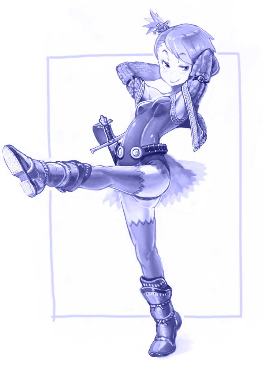 arms_up blue boots breasts futami_ami hair_ornament highres idolmaster idolmaster_(classic) jacket kousaku leg_up leotard monochrome outstretched_leg short_hair side_ponytail small_breasts smile solo sword thighhighs weapon