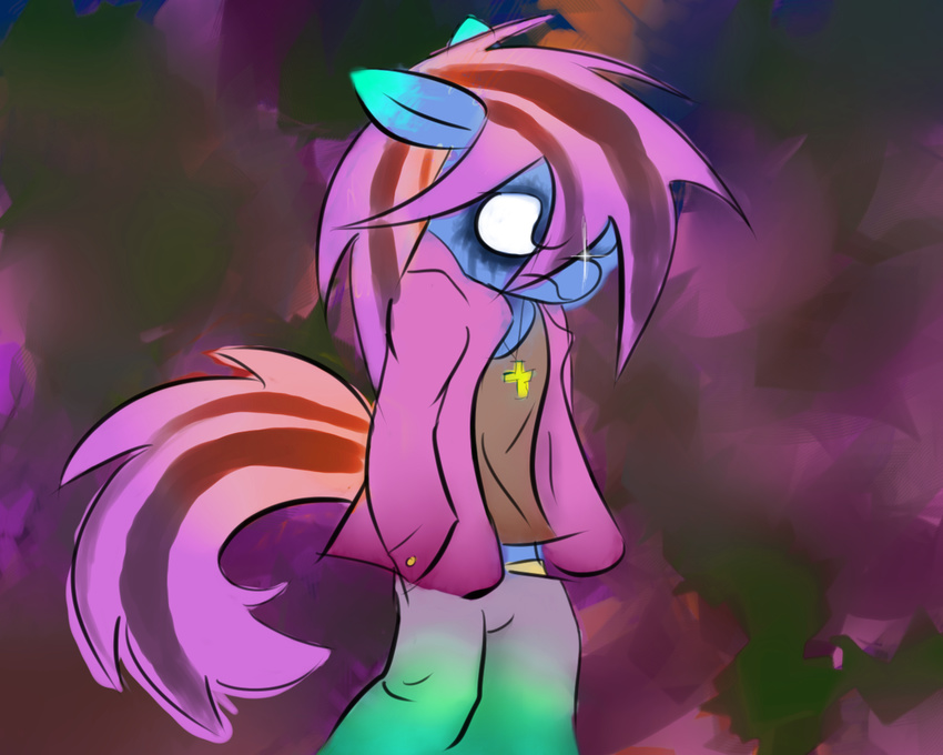 anthro clothed clothing cross drawing hair jacket male mlpfim my_little_pony natmaxex original_character paint pants pink_hair ponesona shirt