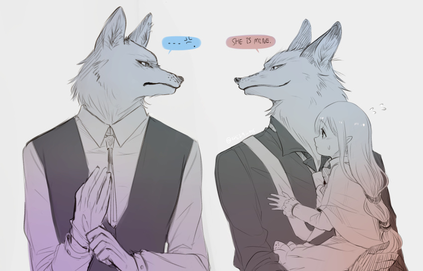 angry anthro canine child clothed clothing elf english_text eye_contact fox group holding_character humanoid jealous male mammal pointy_ears ropang simple_background size_difference smile suit text wolf young