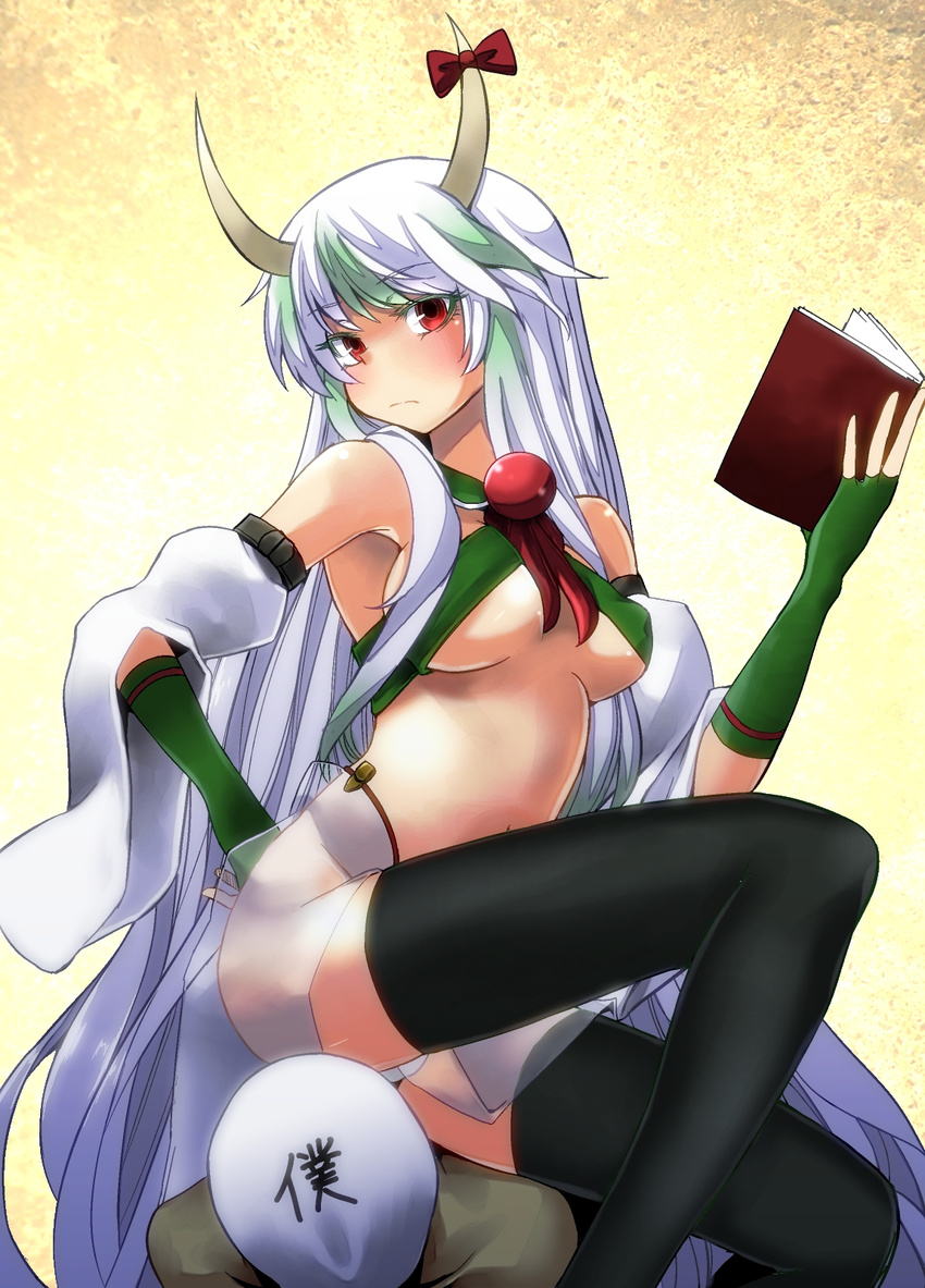 1girl alternate_costume bare_shoulders black_legwear blush book breasts detached_sleeves ex-keine fingerless_gloves gloves green_hair hand_on_hip highres holding holding_book horn_ribbon horns kamishirasawa_keine long_hair looking_at_viewer medium_breasts multicolored_hair navel red_eyes ribbon see-through sideboob silver_hair sin_sack sitting sitting_on_person tetsua_rei thighhighs touhou two-tone_hair underboob very_long_hair wide_sleeves