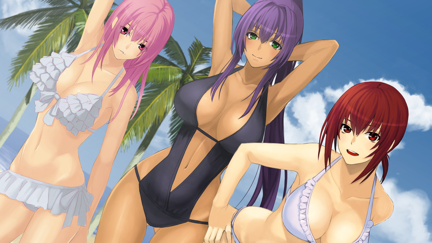 :d arm_behind_head armpits arms_behind_head ass_visible_through_thighs beach bikini black_swimsuit blue_sky border_break breasts character_request cleavage cloud collarbone damegane dark_skin day frilled_bikini frills green_eyes hand_on_hip highres kong_(kumabukuro) large_breasts leaning_forward long_hair multiple_girls navel ocean open_mouth outdoors palm_tree parted_lips personification pink_eyes pink_hair ponytail purple_eyes purple_hair red_eyes red_hair sky smile swimsuit thigh_gap tree white_bikini