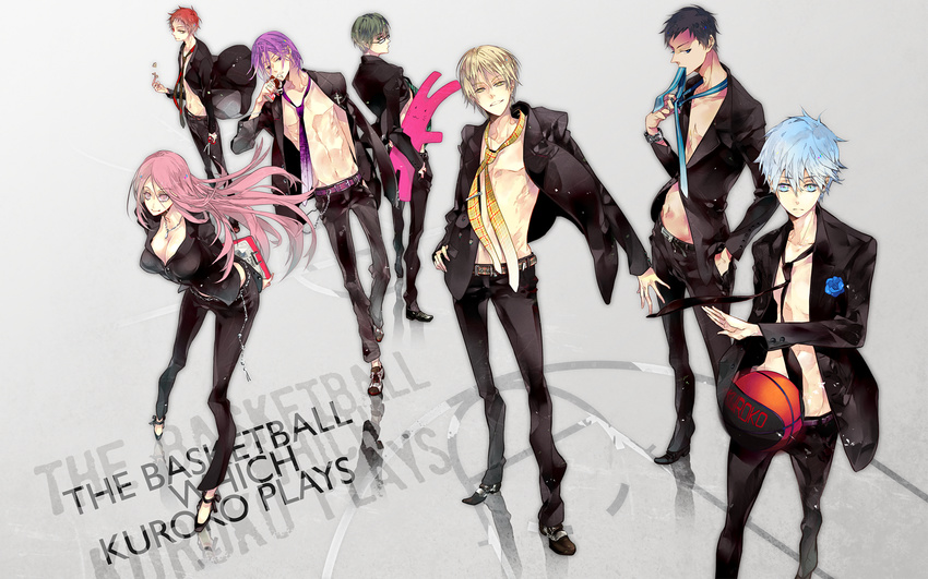 6+boys akashi_seijuurou aomine_daiki basketball blonde_hair blue_eyes blue_flower blue_hair blue_rose dark_skin flower food glasses green_hair highres jewelry kise_ryouta kuroko_no_basuke kuroko_tetsuya long_hair midorima_shintarou momoi_satsuki multiple_boys murasakibara_atsushi necklace necktie pink_eyes pink_hair purple_eyes purple_hair red_eyes red_hair rose scissors short_hair stuffed_toy uzausa yellow_eyes