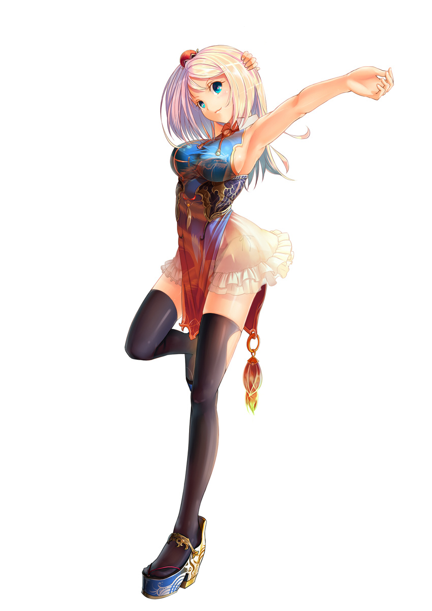 armpits black_legwear blue_eyes breasts china_dress chinese_clothes dress hair_ornament highres iltusa large_breasts legs long_legs original outstretched_arm panties platform_footwear shiny shiny_skin shirt side-tie_panties sideboob silver_hair simple_background skindentation smile solo taut_clothes taut_shirt thighhighs thighs underwear white_background