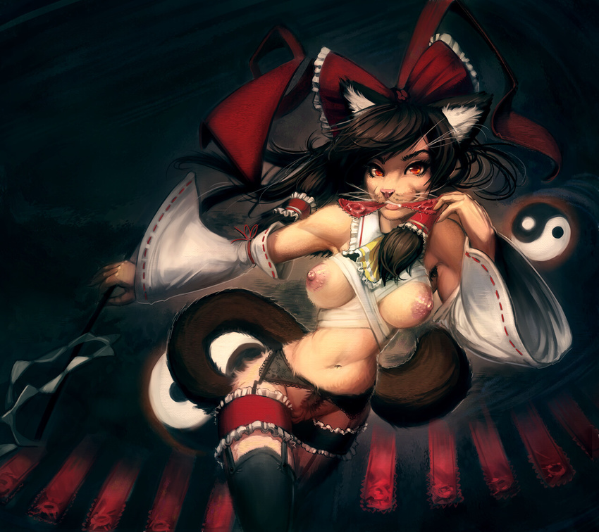 2012 animal_ears bow breasts cat feline female garter_belt hair japanese_clothing looking_at_viewer nazerine nipples pussy reimu_hakurei solo touhou wand yin_yang