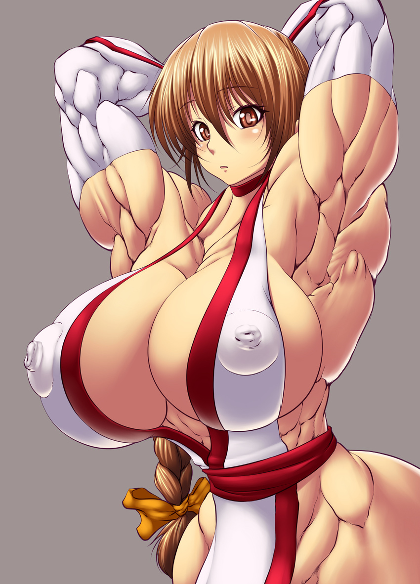 breasts brown_eyes brown_hair choker cleavage dead_or_alive erect_nipples extreme_muscles highres japanese_clothes kasumi kasumi_(doa) muscle purukogi purukogi_(plasma_beach) tecmo