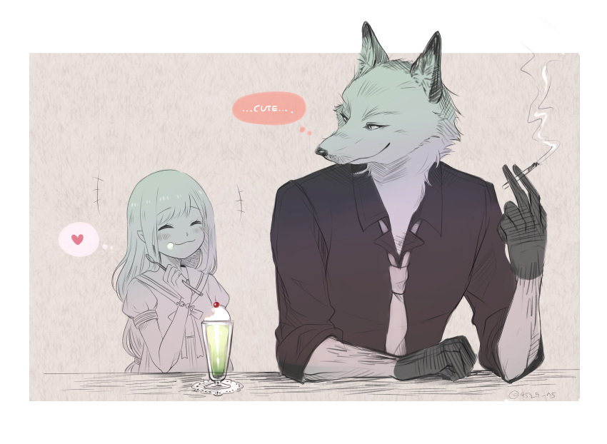&lt;3 anthro blush canine cherry child cigarette clothed clothing desserts duo eating elf english_text eyes_closed female food fox fruit happy humanoid male mammal pointy_ears ropang size_difference smile smoking spoon suit text young
