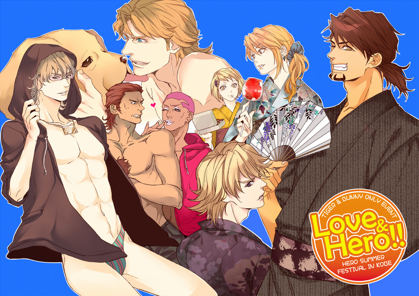 6+boys alternate_hairstyle antonio_lopez barnaby_brooks_jr bikini blonde_hair brown_hair candy_apple chest_hair dog fan folding_fan food hood hoodie huang_baoling ivan_karelin japanese_clothes john_(tiger_&amp;_bunny) kaburagi_t_kotetsu karina_lyle keith_goodman kimono long_hair male_swimwear multiple_boys multiple_girls nathan_seymour oto_(phenomenon) pink_hair ponytail summer swim_briefs swimsuit swimwear tiger_&amp;_bunny