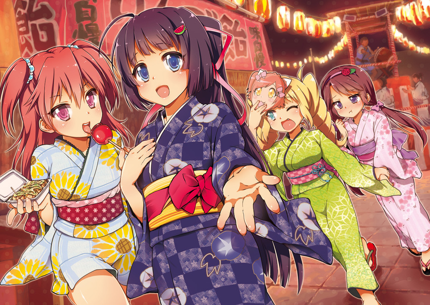 :d :t ;d bad_id bad_pixiv_id black_hair blonde_hair blue_eyes blush brown_hair candy_apple drill_hair fang festival food hair_ornament hair_ribbon holding holding_hands japanese_clothes kimono lantern licking long_hair looking_at_viewer mask multiple_girls mutyakai one_eye_closed open_mouth original outstretched_arm paper_lantern pink_eyes pink_hair purple_eyes ribbon smile tongue twin_drills twintails two_side_up walking yukata