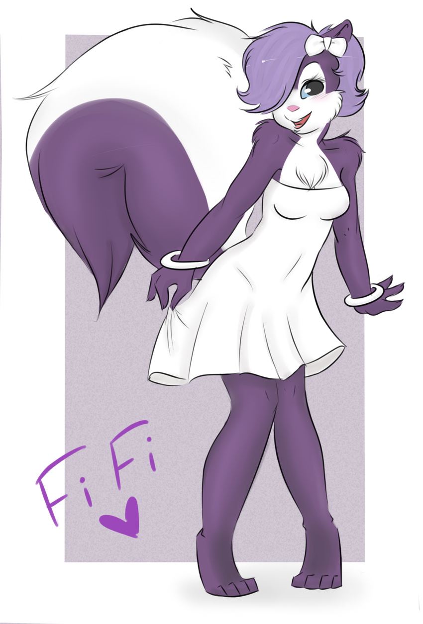 barefoot big_tail blue_eyes bracelet dericreations dress english_text female fifi_la_fume hair jewelry mammal multi-colored_body purple purple_hair skunk solo text tiny_toon_adventures tiny_toons warner_brothers white_dress