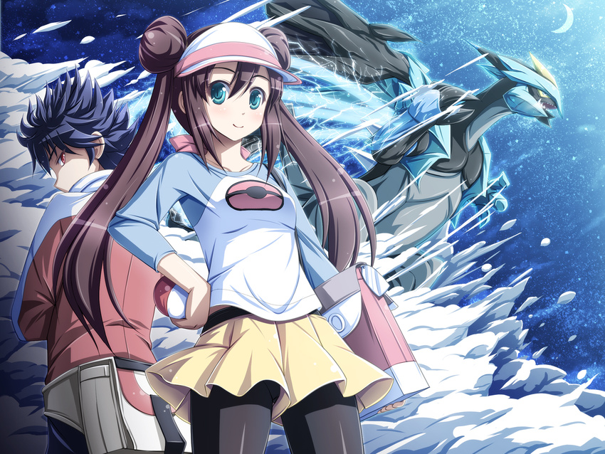 1girl akashio_(loli_ace) bag black_hair black_legwear brown_hair crescent_moon double_bun gen_5_pokemon green_eyes holding holding_poke_ball hue_(pokemon) jacket kyurem long_hair looking_back mei_(pokemon) moon night night_sky pantyhose poke_ball pokemon pokemon_(creature) pokemon_(game) pokemon_bw2 raglan_sleeves red_eyes ribbon shorts shoulder_bag sky smile snow spiked_hair twintails visor_cap