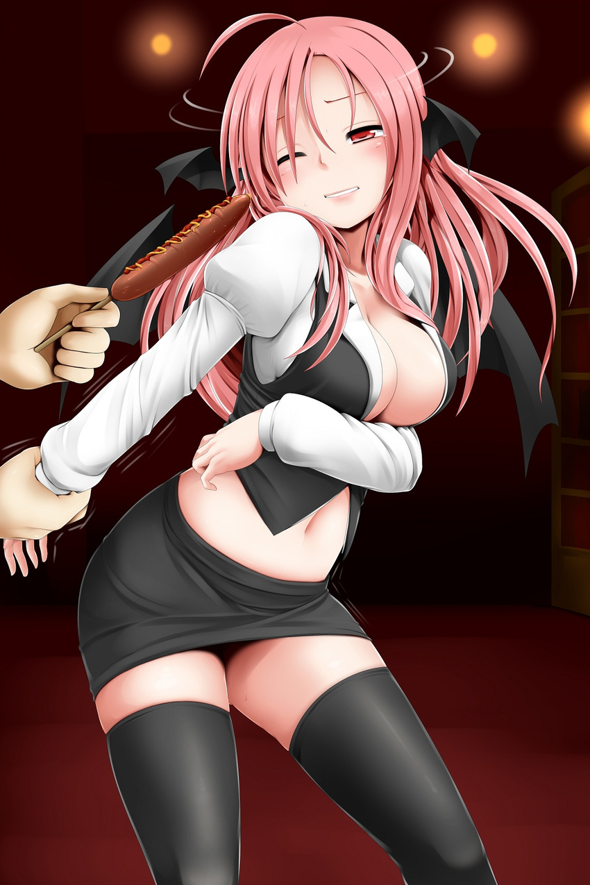 ahoge arm_grab arm_held_back bat_wings black_legwear breasts cleavage corndog dress_shirt food head_wings highres ketchup koakuma large_breasts legs long_hair midriff miki_purasu miniskirt mustard navel no_bra one_eye_closed out_of_frame red_eyes red_hair sexually_suggestive shirt skirt solo_focus thighhighs thighs touhou vest wince wings wrist_grab zettai_ryouiki