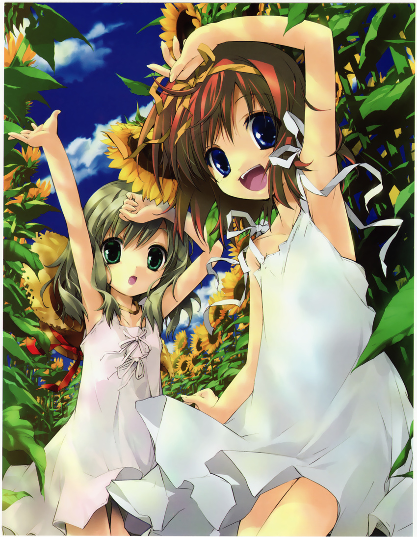 :d absurdres arm_up armpits blue_eyes brown_hair dress field flower flower_field gotou_nao green_eyes green_hair hair_ribbon highres multiple_girls open_mouth original ribbon scan smile sundress sunflower