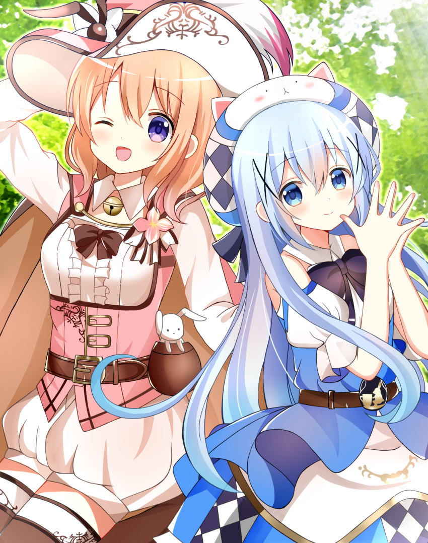2girls ;d animal animal_ears arm_up bangs bell belt belt_buckle blue_eyes blue_hair blush breasts brown_belt brown_legwear buckle bunny bunny_ears center_frills character_hat closed_mouth commentary_request day detached_collar eyebrows_visible_through_hair frills gochuumon_wa_usagi_desu_ka? hair_between_eyes hair_ornament hands_up hat highres hoto_cocoa jingle_bell kafuu_chino long_hair long_sleeves multiple_girls one_eye_closed open_mouth outdoors own_hands_together pink_hat puffy_shorts ryoutan shirt short_shorts shorts small_breasts smile thighhighs tippy_(gochiusa) underbust very_long_hair white_collar white_shirt white_shorts x_hair_ornament