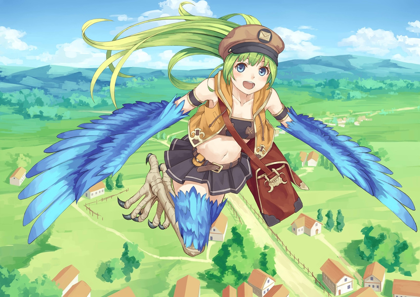 :d bag belt blue_eyes building eichisu feathered_wings feathers green_hair harpy hat landscape long_hair looking_at_viewer mailman midriff monster_girl mountain navel open_mouth original skirt smile solo strapless tubetop wings