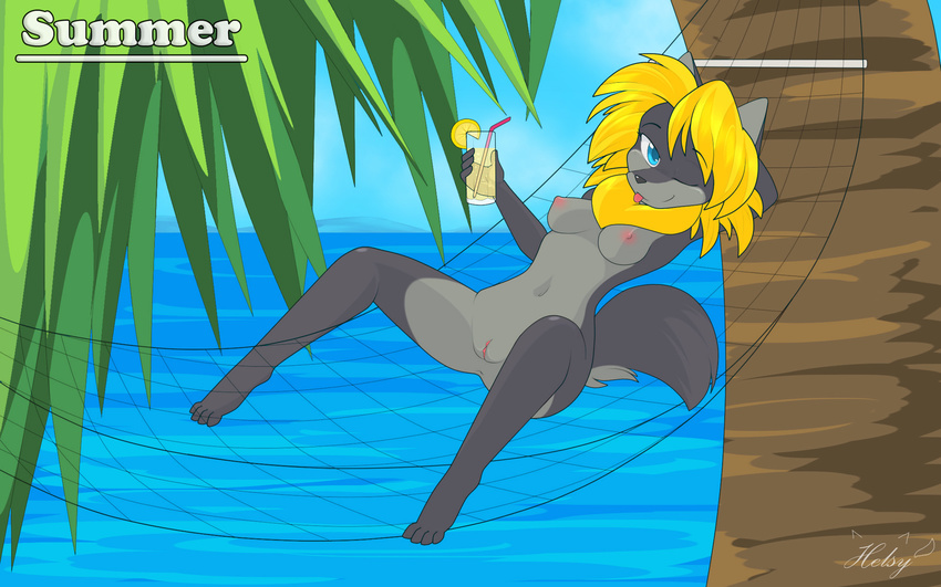 anus blonde_hair blue_eyes breasts canine drink female furry_wolf hair hamaca hammock helsy lafille lemon looking_at_viewer mammal nude one_eye_closed pinup pose pussy solo spread_legs spreading straw summer tongue tongue_out tree water wink wolf wood