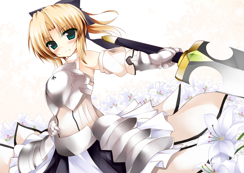 arm_ribbon armor armored_dress artoria_pendragon_(all) blonde_hair blush bow fate/stay_night fate/unlimited_codes fate_(series) flower gauntlets green_eyes hair_bow hand_on_hip huge_weapon kusano_(torisukerabasu) lily_(flower) looking_at_viewer ponytail ribbon saber saber_lily solo sword weapon