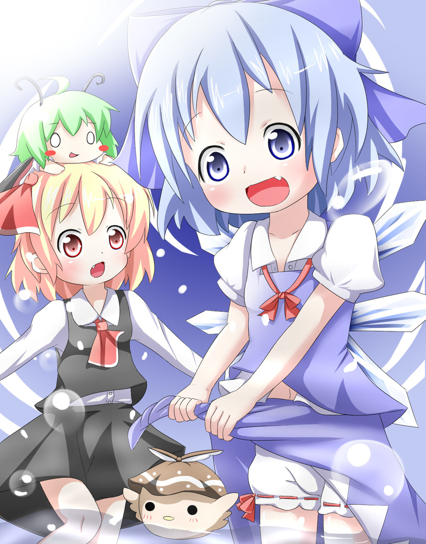 :d antennae ascot bangs black_cape black_skirt black_vest blonde_hair bloomers blue_bow blue_eyes blue_hair blue_skirt blue_sky blue_vest blush blush_stickers bow brown_eyes brown_hat cape chibi chibi_on_head cirno collarbone collared_shirt commentary_request day dress_shirt eyebrows_visible_through_hair fang green_hair hair_between_eyes hair_bow hat highres ice ice_wings long_sleeves looking_at_viewer makuran minigirl multiple_girls mystia_lorelei mystia_lorelei_(bird) navel on_head open_mouth outdoors puffy_short_sleeves puffy_sleeves red_bow red_neckwear rumia shirt short_sleeves skirt sky smile sunlight team_9 touhou underwear vest wading water white_bloomers white_shirt wings wriggle_nightbug wringing_clothes wringing_skirt
