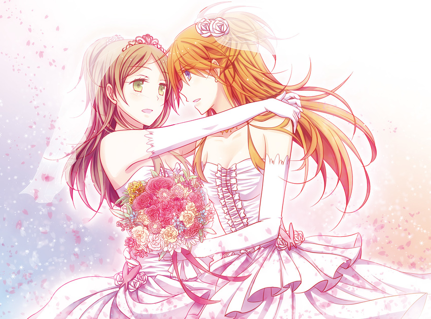 blue_eyes bouquet bridal_veil brown_hair dress elbow_gloves flower gloves green_eyes highres houjou_hibiki hug isya minamino_kanade multiple_girls precure suite_precure tiara veil wedding_dress wife_and_wife yuri