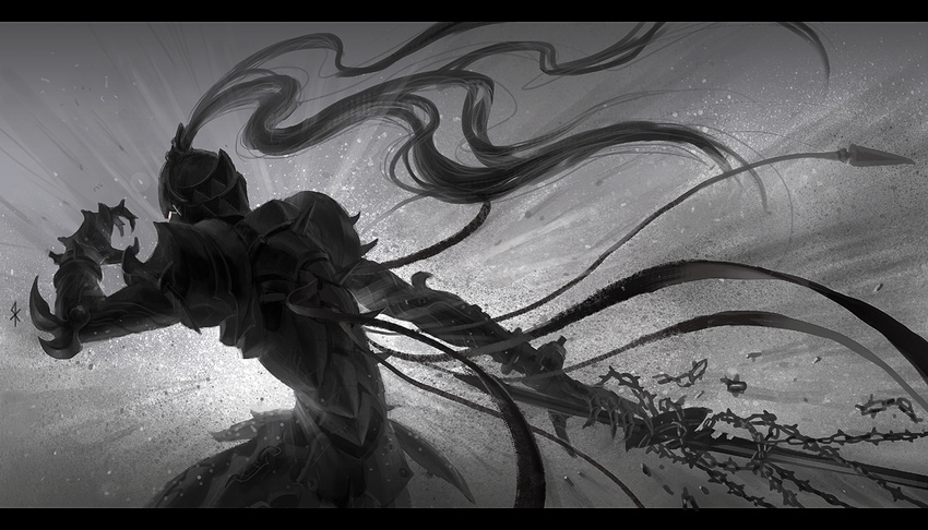 armor bad_id bad_pixiv_id berserker_(fate/zero) chain fate/zero fate_(series) full_armor greyscale helmet knight letterboxed male_focus monochrome seeker solo sword weapon