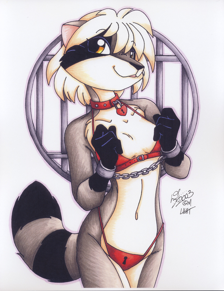 absurd_res bdsm bound bra chain clothed clothing collar female hair handcuffs hi_res looking_at_viewer mammal michele_light panties raccoon shackles skimpy solo underwear