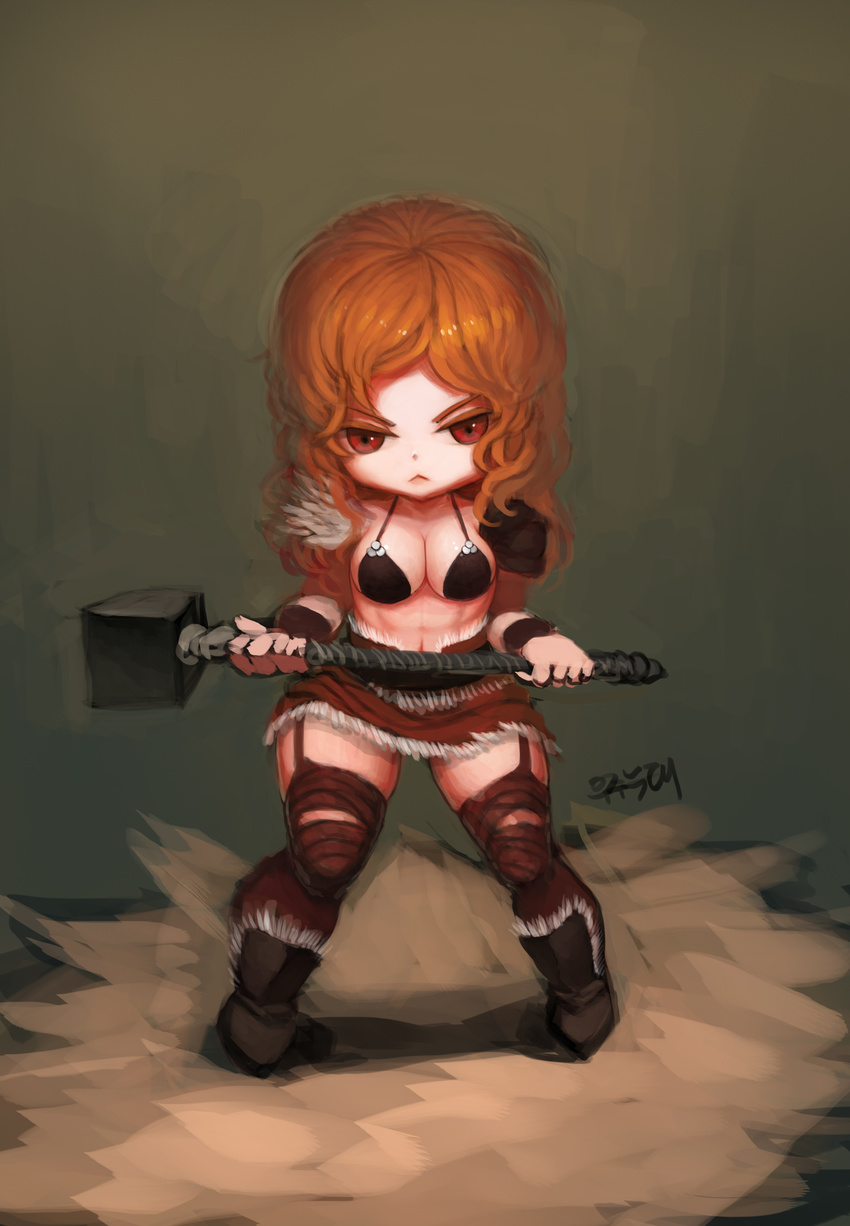 :&lt; absurdres armor barbarian bikini_armor bikini_top boots breasts chibi diablo diablo_3 fur_trim garter_straps highres large_breasts leehongchul long_hair md5_mismatch red_hair resized sketch solo upscaled warhammer weapon