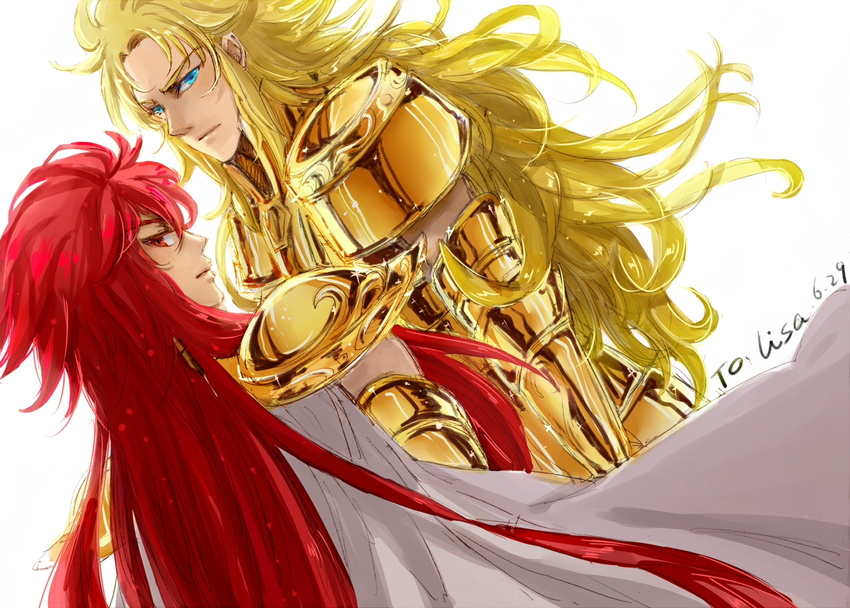 alternate_hair_color aquarius_camus armor blonde_hair blue_eyes cape gemini_saga long_hair male_focus multiple_boys red_eyes red_hair saint_seiya