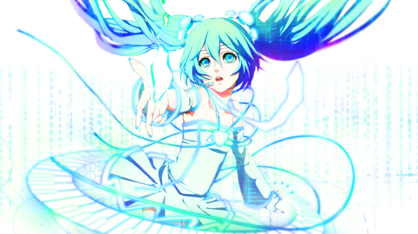 adapted_costume aqua_eyes aqua_hair bangs bare_shoulders binary blue_eyes blue_hair blue_nails detached_sleeves empty_eyes fingerless_gloves flat_chest floating floating_hair gloves glowing hair_between_eyes hatsune_miku headset highres honeycomb_(pattern) levitation long_hair miniskirt nail_polish necktie number open_hand outstretched_arm pleated_skirt reaching rinko_(jaunebrillant) skirt solo spaghetti_strap twintails vocaloid white_background