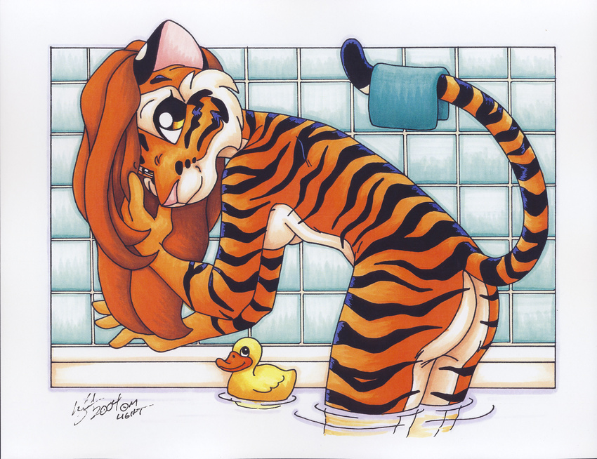 absurd_res anthro bath bathing breasts butt feline female hair hi_res looking_at_viewer mammal michele_light nude pinup pose red_hair rubber_duck side_boob smile solo stripes tiger traditional_media washcloth water yellow_eyes