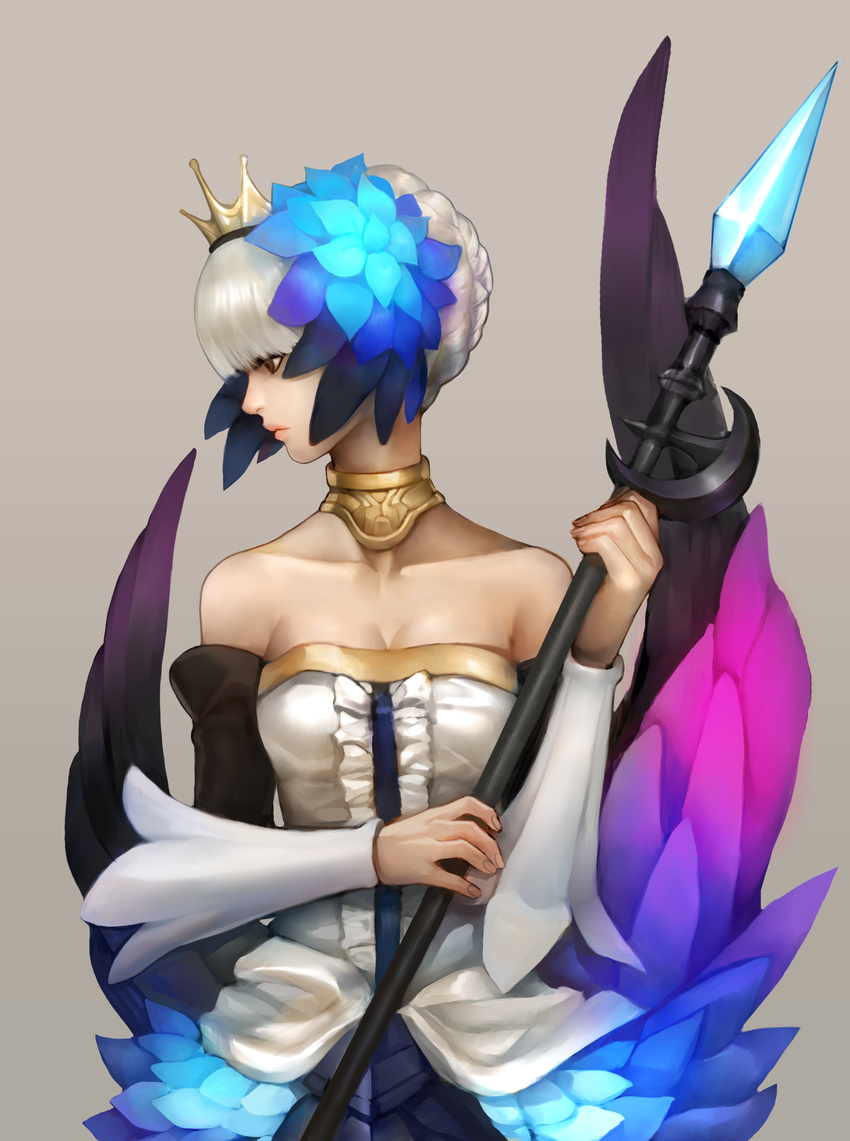 absurdres armor armored_dress brown_eyes crown dress feathers gd_choco gwendolyn highres multicolored multicolored_wings odin_sphere silver_hair solo strapless strapless_dress wings