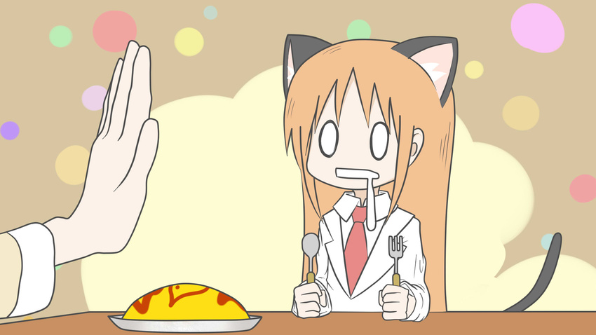 2girls animal_ears brown_hair cat_ears cat_tail drooling food fork highres ketchup long_hair mikeya_hiyori multiple_girls necktie nichijou no_nose omurice onaka_suita_(vocaloid) professor_shinonome saliva spoon tail