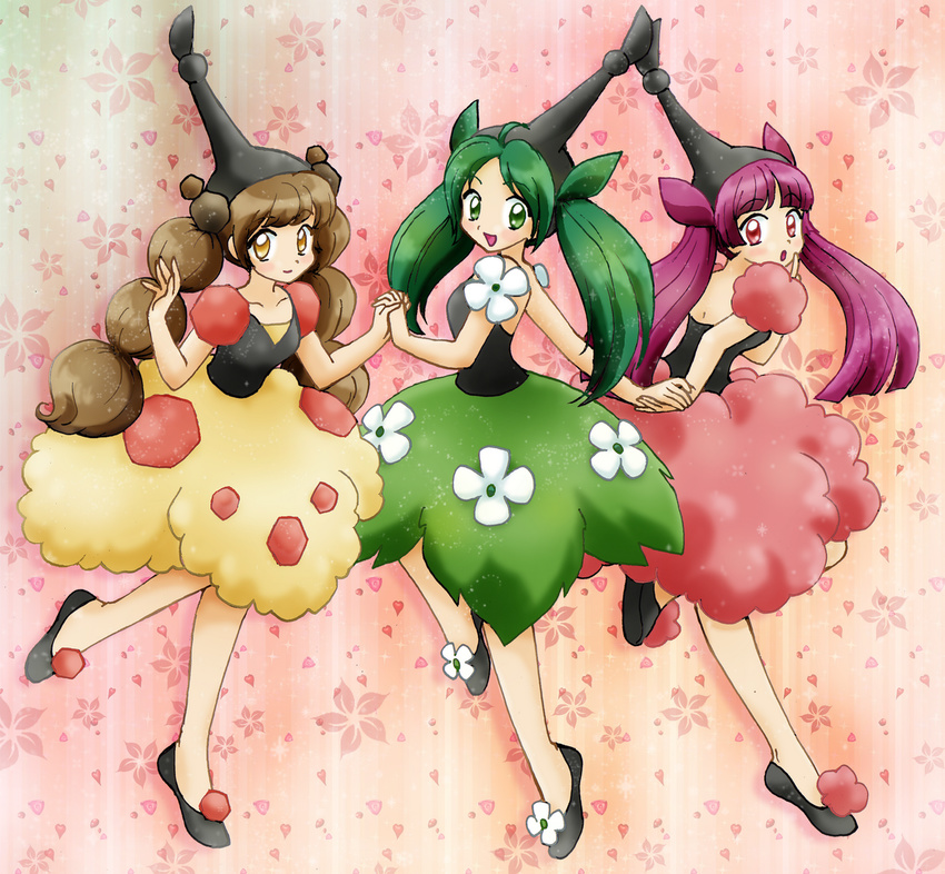 brown_hair chikorita85 collarbone dress finger_to_mouth flower full_body gen_4_pokemon green_hair happy holding_hands long_hair looking_at_viewer multiple_girls personification pink_hair pokemon shoes shushing wormadam