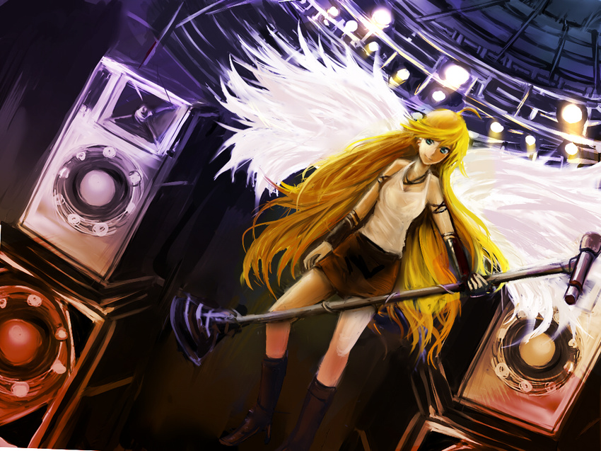 ahoge armlet bad_id bad_pixiv_id bare_shoulders blonde_hair blue_eyes boots breasts cleavage dutch_angle jewelry kisshots long_hair medium_breasts microphone_stand necklace panty_&amp;_stocking_with_garterbelt panty_(psg) skirt solo speaker stage stage_lights tank_top vambraces very_long_hair wings
