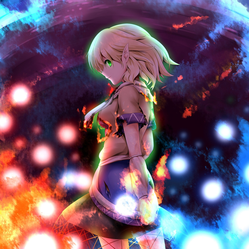 arm_behind_back arm_warmers bangs blonde_hair breasts burning burnt_clothes closed_mouth cowboy_shot danmaku fire from_side glowing glowing_eyes green_eyes highres looking_at_viewer medium_breasts miki_purasu mizuhashi_parsee pointy_ears profile scarf short_hair short_sleeves skirt solo spell_card torn_clothes torn_skirt touhou underboob