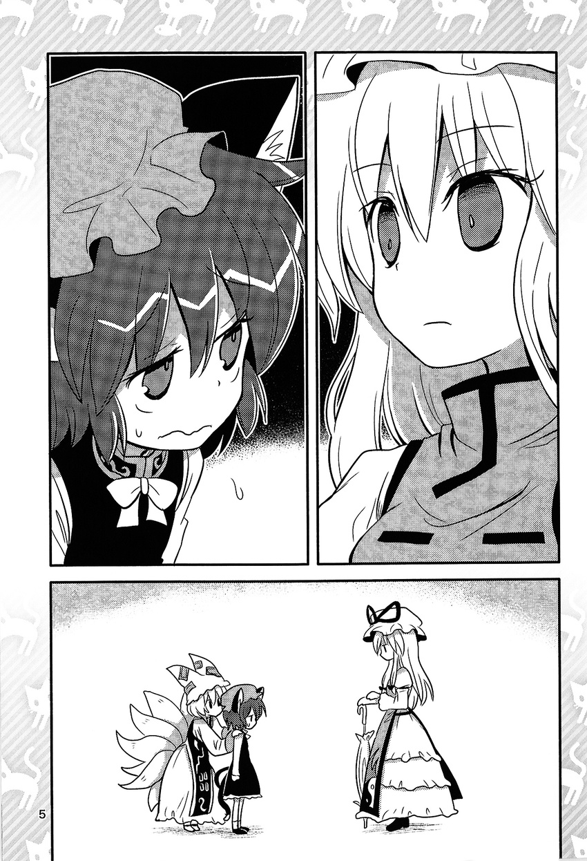 animal_ears cat_ears cat_tail chen comic doujinshi dress fox_tail girotin_ginza greyscale hat hat_ribbon highres monochrome multiple_girls multiple_tails ribbon sweatdrop tabard tail touhou umbrella wavy_mouth yakumo_ran yakumo_yukari