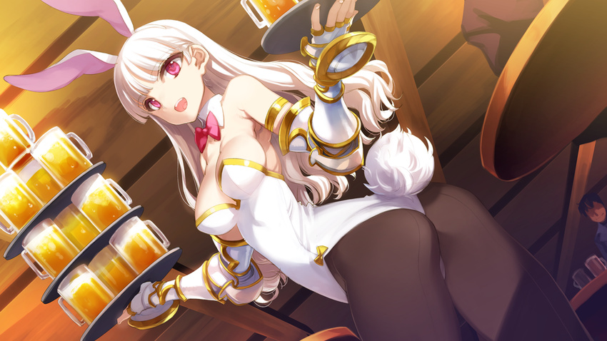 alcohol animal_ears ass bare_shoulders beer beer_mug black_legwear blonde_hair breasts bunny_ears bunny_girl bunny_tail bunnysuit cleavage detached_collar dutch_angle eiyuu_senki faceless faceless_male fingerless_gloves game_cg gauntlets gloves large_breasts long_hair looking_back ooyari_ashito open_mouth pantyhose pink_eyes sir_percival_(eiyuu_senki) smile solo_focus stacking tail tray twisted_torso waitress white_hair