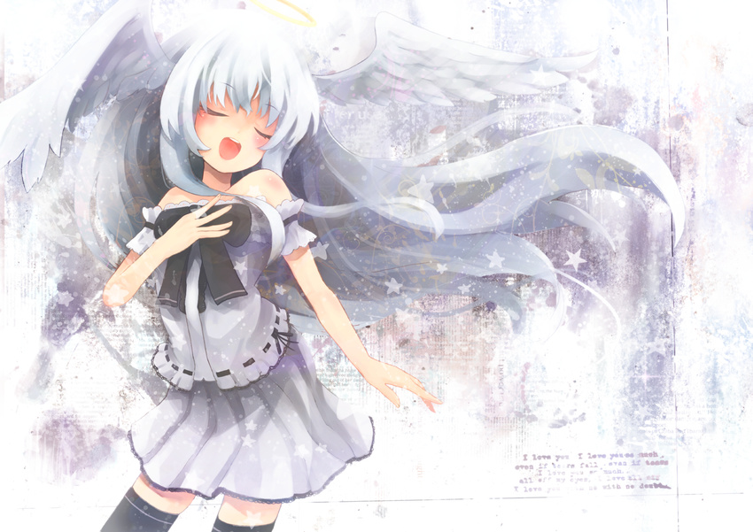 bare_shoulders black_legwear blush closed_eyes halo head_wings isegawa_yasutaka long_hair open_mouth original skirt solo thighhighs white_hair