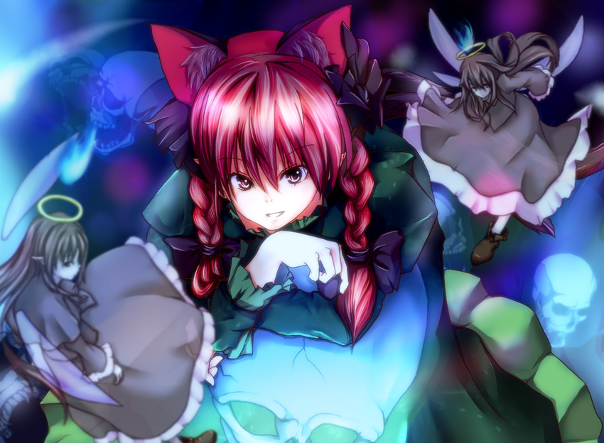 animal_ears bow braid cat_ears cat_tail hair_bow hair_ribbon kaenbyou_rin multiple_girls multiple_tails red_eyes red_hair ribbon short_hair tail tewisen touhou twin_braids twintails zombie_fairy