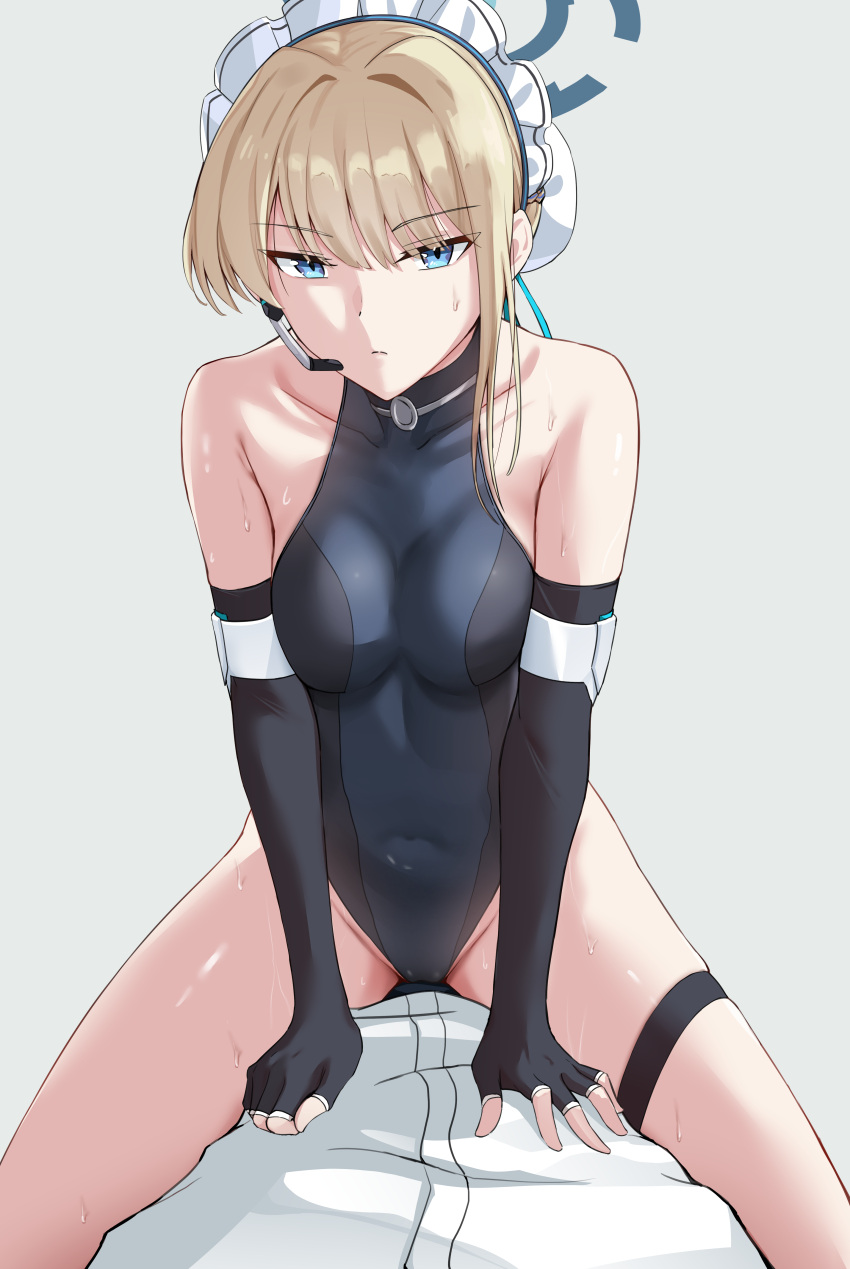 1boy 1girl absurdres bare_shoulders blonde_hair blue_archive blue_eyes breasts collarbone covered_navel elbow_gloves fingerless_gloves gloves grey_background halo highres leotard looking_at_viewer maid_headdress medium_breasts medium_hair microphone shirt single_sidelock sitting sitting_on_person skindentation spread_legs sweatdrop tetsuffy_(tetsulul) thigh_strap toki_(blue_archive) turtleneck turtleneck_leotard white_shirt
