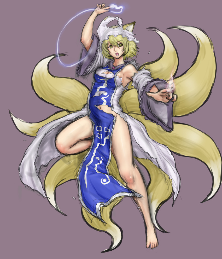 animal_ears arm_up barefoot blonde_hair fox_ears fox_tail full_body hat highres kuro_suto_sukii legs magic multiple_tails no_bra no_panties short_hair simple_background solo surcoat tail torn_clothes touhou yakumo_ran yellow_eyes