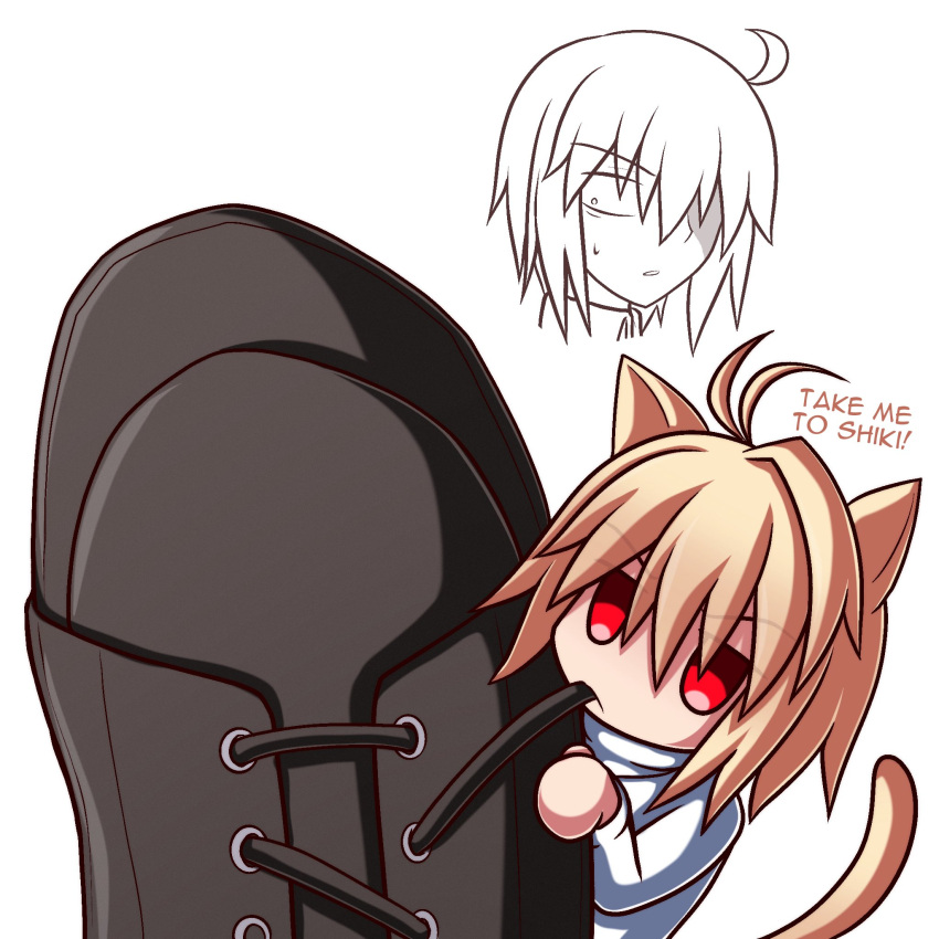 2girls animal_ears arcueid_brunestud biting blonde_hair boots brown_boots cat_ears cat_girl cat_tail chibi ciel_(tsukihime) highres long_sleeves multiple_girls neco-arc neco_spirit nervous_sweating red_eyes short_hair skirt sweat tail tsukihime tsukihime_(remake) zeon132