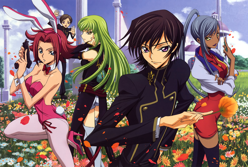 3girls absurdres animal_ears ashford_academy_uniform blue_eyes boots bunny_ears bunny_girl bunnysuit c.c. code_geass dark_skin green_hair gun handgun high_heels highres ishida_kana kallen_stadtfeld lelouch_lamperouge leotard long_hair multiple_boys multiple_girls official_art pantyhose pink_legwear pink_leotard pistol red_hair rolo_lamperouge shoes short_hair silver_hair villetta_nu weapon yellow_eyes