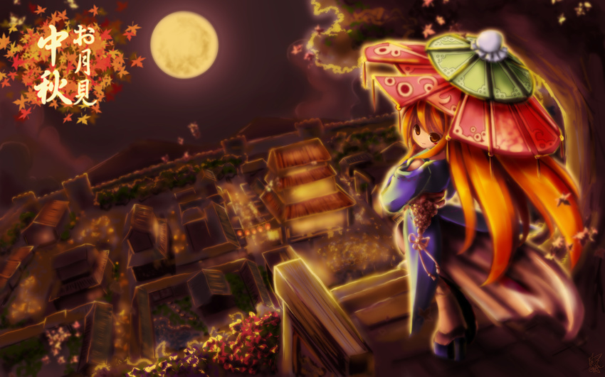 crellia full_moon high_heels highres japanese_clothes kimono leaf long_hair maple_leaf moon obi orange_hair original parasol plant sash shoes solo translation_request tree umbrella wallpaper