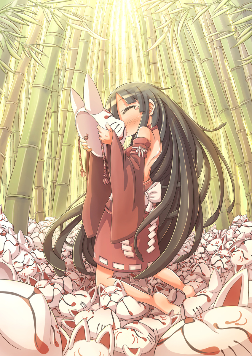 backless_outfit bamboo bamboo_forest bare_back bare_shoulders barefoot black_hair blush closed_eyes detached_sleeves forest fox_mask gunjima_souichirou highres japanese_clothes kiss kneeling long_hair mask nature original otacool solo sunlight tears very_long_hair